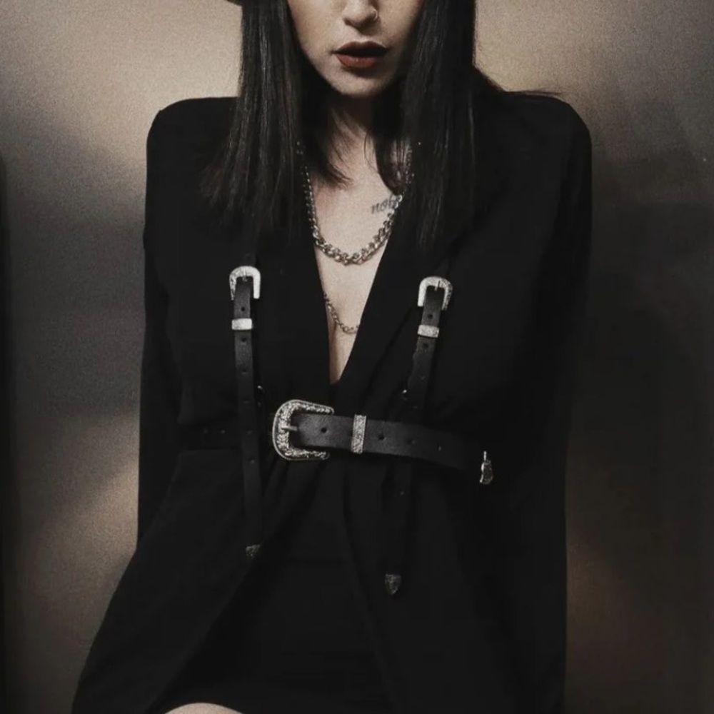 Black vegan leather western harness belt